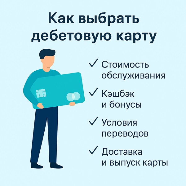 Иллюстрация к статье «Как выбрать дебетовую карту»: человек с картой и списком параметров — стоимость, кэшбэк, доставка, стикеры