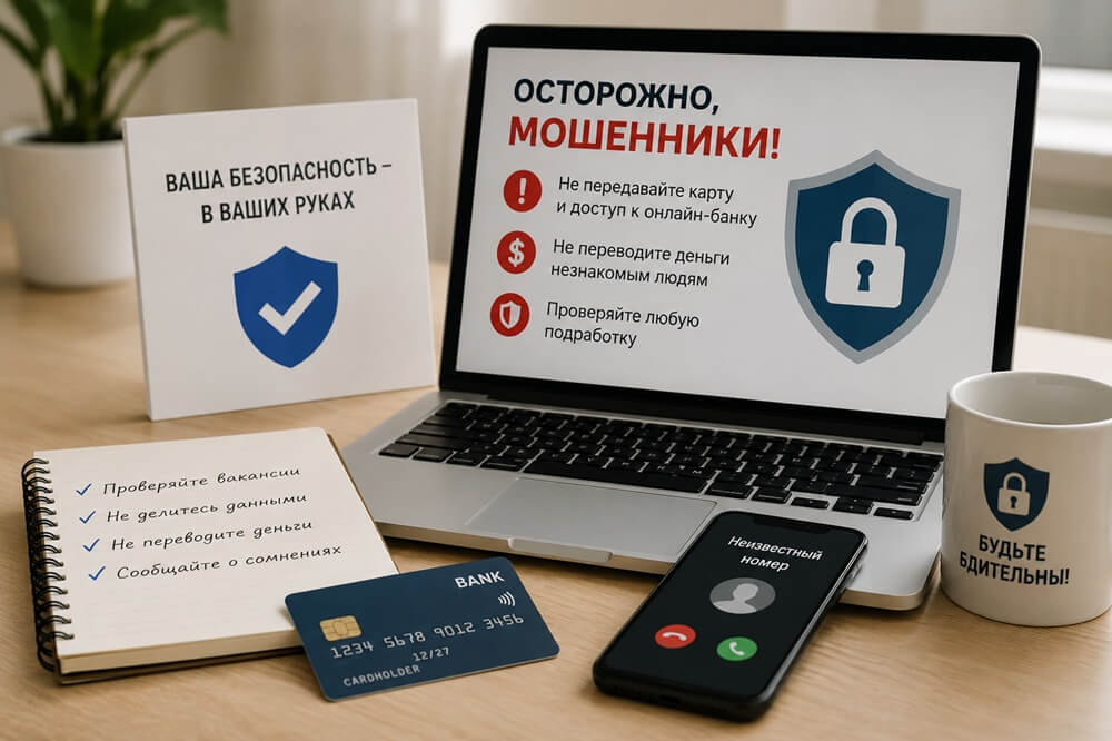 Предупреждение о дропперах: банковская карта, смартфон и ноутбук с правилами защиты от мошеннических переводов
