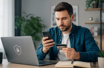 Мужчина проверяет банковскую карту и смартфон, защищая карту от мошенников