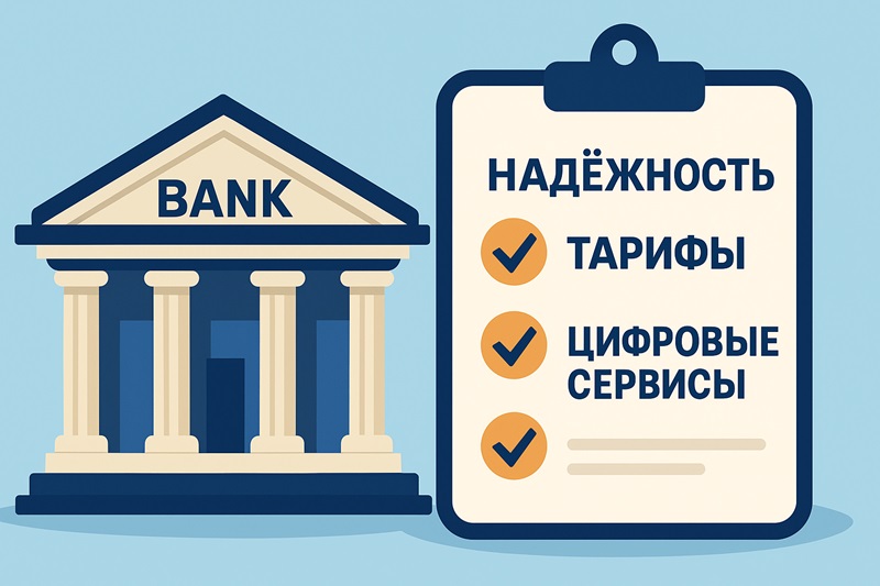 Инфографика «Как выбрать банк для РКО»: здание банка и чек-лист с «Надёжность», «Тарифы», «Цифровые сервисы»