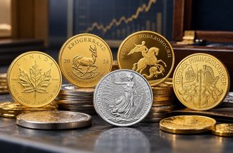 Золотые и серебряные инвестиционные монеты на фоне графика стоимости драгоценных металлов.